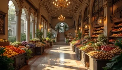 Renaissance style, grocery store interior, ornate columns, arches, intricate carvings, luxurious chandeliers, grand staircase, fresco ceiling, marble floors, wooden shelves, vintage metal lanterns, el