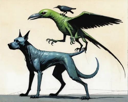 an alien-dog and an alien-bird,flying dogs,flying dog,dog illustration,manchester terrier,canidae,gargoyles,toy manchester terrier,anthropomorphized animals,pinscher,grackle,companion dog,schipperke,p