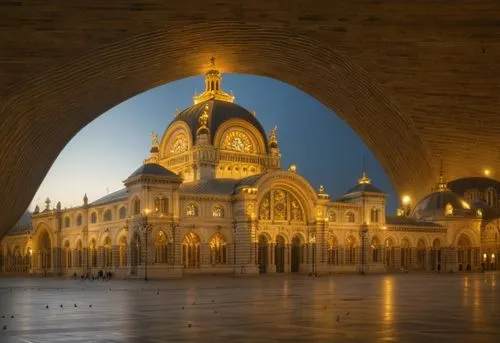 Building, train station, polished white marble, lead roof, gold decorations, beaux arts, paris, palace, water, riverside, magnificent, istambul, diffused light, elegant ,hassan 2 mosque,the hassan ii 