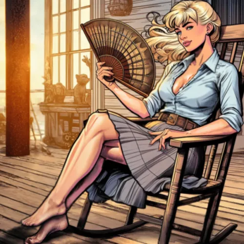 el suelo del porche y el cielo,blonde sits and reads the newspaper,blonde woman reading a newspaper,librarian,blonde on the chair,girl at the computer,reading,girl studying,sitting on a chair,relaxing