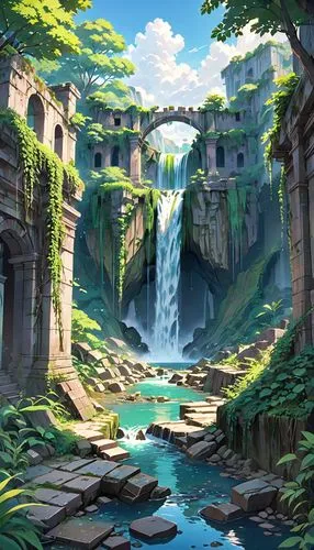 fantasy landscape,skylands,ancient city,waterfall,waterfalls,ash falls,water falls,water fall,alfheim,futuristic landscape,falls,ruins,ravine,matthiessen,ancient ruins,background design,meteora,topia,maplestory,3d fantasy,Anime,Anime,Realistic