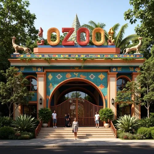 Vibrant zoo entrance, ornate Art Deco facade, geometric patterns, metallic accents, bold typography, exotic animal sculptures, lush greenery, tropical plants, colorful tile work, intricate mosaics, gr