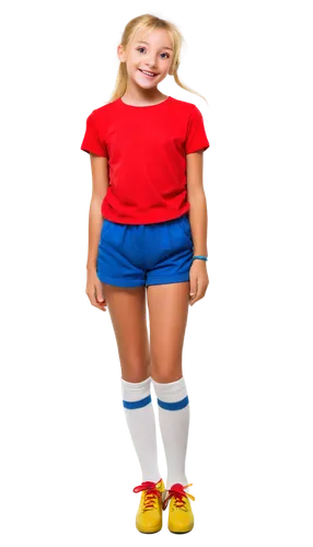 Cartoon character, no copyright, colorful, cute expression, rounded face, big eyes, smiling mouth, blonde hair, ponytail, yellow shirt, blue shorts, white socks, red shoes, standing pose, 3/4 composit