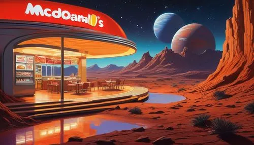 McDonald's on Mars, futuristic space station, astronaut, spacesuit, helmet, oxygen tank, red planet landscape, barren terrain, rocky mountains, vast desert, Martian atmosphere, neon lights, metallic s