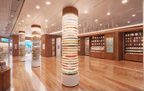 sushi boat,wine rack,wine cooler,stacked cups,bottle corks,cruise ship,salt bar,jewelry store,candy bar,ice cream bar,candy store,spice rack,patterned wood decoration,ice cream shop,wine boxes,wine ba