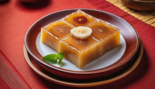 nian gao,gelatin dessert,thai dessert,mandarin cake,almond jelly,mango pudding,water chestnut cake,mango sticky rice,bánh bao,quince cheese,bánh tẻ,tamagoyaki,creme caramel,moon cake,tamago kake gohan,beeswax candle,coconut cubes,coconut custard,hokkaido pumpkin,kaiseki,Photography,General,Realistic