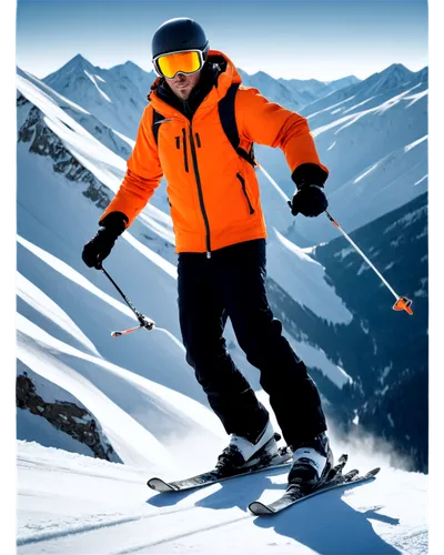 Skiing man, dynamic pose, winter sport, snow-capped mountains, goggles, helmet, orange jacket, black pants, gloves, ski boots, skis, poles, snowy terrain, action shot, high-angle view, dramatic lighti