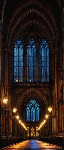 Gothic cathedral, New York City, Brooklyn Bridge, nighttime, foggy atmosphere, intricate stone carvings, stained glass windows, grand entrance, pointed arches, ribbed vaults, flying buttresses, ornate