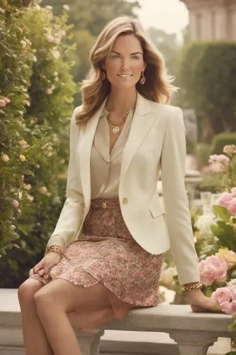 menswear for women,floral skirt,princess sofia,business woman,businesswoman,pencil skirt,southern belle,floral,floral dress,woman in menswear,vintage floral,secretary,bach flower therapy,flowered tie,hydrangea background,elegance,farrah fawcett,symetra tour,commercial,gold-pink earthy colors,Photography,Cinematic