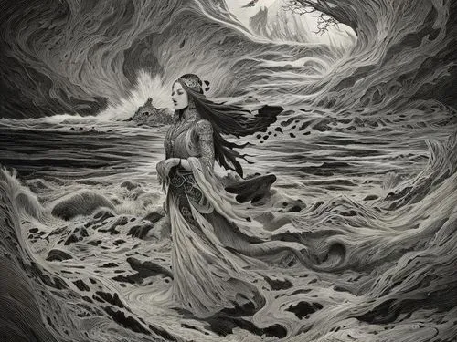 a person standing in the ocean surrounded by water,samuil,maelstrom,fathom,igelstrom,nekron,hastur,Art sketch,Art sketch,Fantasy