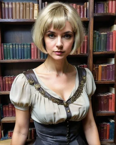 jane austen,librarian,pixie-bob,british actress,short blond hair,girl in a historic way,victorian style,bodice,the victorian era,emile vernon,victorian lady,pixie,elizabeth nesbit,female doctor,women's novels,pixie cut,old elisabeth,bookshop,blonde woman,downton abbey,Illustration,Realistic Fantasy,Realistic Fantasy 07