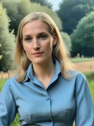 Back when Alice Elisabeth Weidel was still a well-behaved girl 😇✨.,a blonde haired woman wearing a blue shirt,delpy,risberg,heidi country,seberg,cifuentes,thorning,Illustration,American Style,America