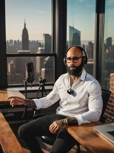 Joe Budden, podcast host, mature man, (40yo), detailed beard, casual hairstyle, glasses, white shirt, black jeans, sneakers, microphone, headphones, sitting, relaxed posture, indoor studio setting, wo