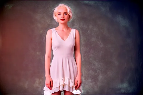 Albino woman, solo, pale skin, short white hair, blue eyes, no eyebrows, elegant nose ring, red lips, sleeveless white dress, frilly hem, high heels, standing, dramatic pose, artistic lighting, shallo