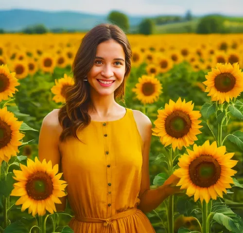 a woman is smiling in a large field with many sunflowers,sunflower field,sunflower lace background,sunflowers,sun flowers,yellow daisies,sunflower