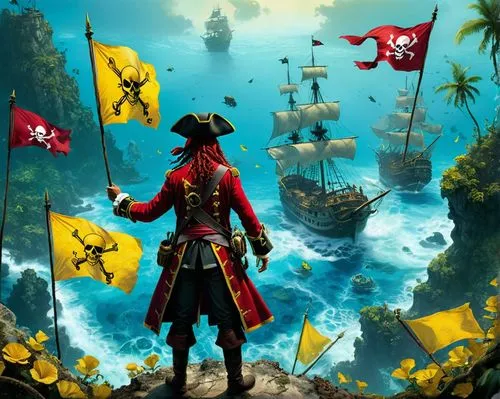 a lone pirate, dressed in a deep red uniform, stands in front of a tall, slender sea of yellow and white, waving flags and bowties to the crooks of the caribbean sea. The camera captures the scene thr