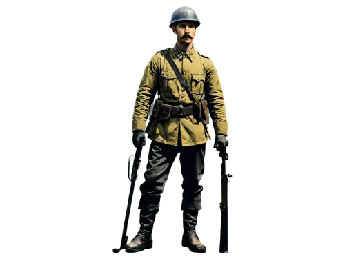 WW1 soldier, male, 25yo, serious expression, mustache, helmet, uniform, rifle, muddy boots, standing, dramatic lighting, high contrast, cinematic composition, historic tone, vintage filter.,grenadier,