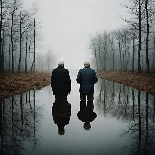 In the picture there are newborn babies, middle-aged people, old people, sick people, dead people, there is a calm, cool and pure atmosphere.,conceptual photography,mirror image,reflexive,samen,hossei