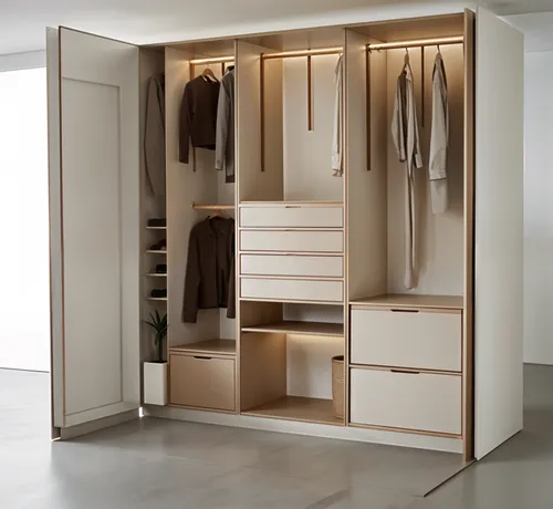 a walk in closet with the lights on,walk-in closet,wardrobes,storage cabinet,armoire,fromental,unimodular