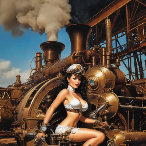 steampunk,steampunk gears,steam engine,steam power,steam locomotives,steam locomotive,railroad engineer,steam train,steam roller,steelworker,train engine,steam machine,boilermaker,tank cars,steam,full steam,woman fire fighter,pin-up model,locomotive,heavy machinery