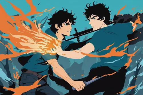 Paint a vivid picture of Percy Jackson and Nico Di Angelo battling formidable monsters side by side in a thrilling showdown.,sakana,fire and water,dragon fire,explosion,spark fire,fire background,gale