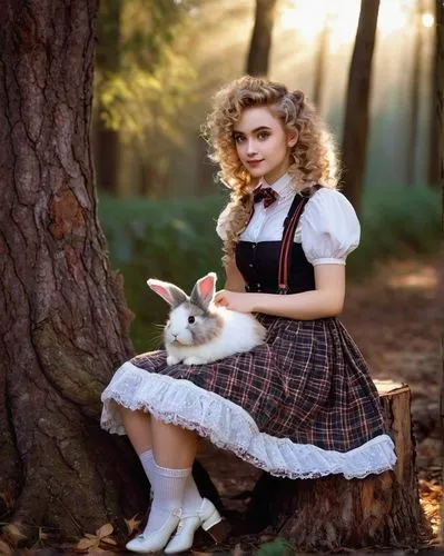 Young Bellatrix, Lolita, sweet smile, big brown eyes, curly blonde hair, porcelain skin, elegant makeup, lace-trimmed socks, Mary Jane shoes, plaid skirt, white blouse, suspenders, holding a stuffed r