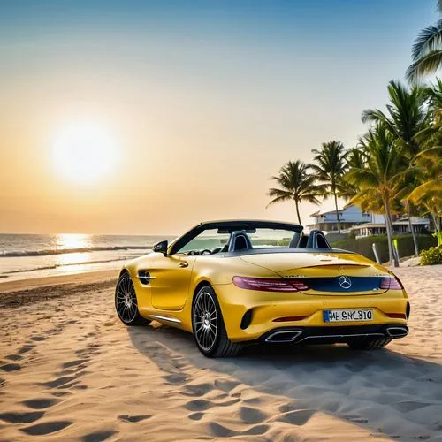 yellow mercedes benz sports car Parked next to the beach, early in the morning, the morning sun was shining beautifully.,porsche 911 targa,porsche targa,cayman,porche,targa,porsche 911 turbo,boxster,b