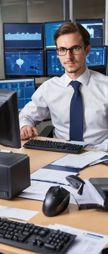 Cybersecurity expert, male, 30s, bespectacled, short brown hair, trimmed beard, formal attire, white shirt, dark blue suit, tie, sitting, office desk, multiple monitors, keyboard, mouse, security came