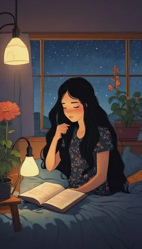 satrapi,girl studying,marceline,night-blooming jasmine,night administrator,night scene,Illustration,Japanese style,Japanese Style 16