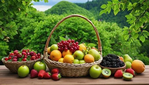 A bag filled with colorful fruit rests on a wooden shelf, surrounded by a array of neatly arranged berries, each arranged in a symmetrical pattern. The leaves on the trees surrounding the bag are a vi