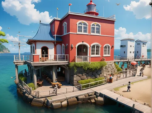 popeye village,seaside resort,house by the water,house of the sea,aqua studio,cube stilt houses,stilt houses,artificial island,waterfront,the waterfront,floating huts,floating restaurant,houseboat,har