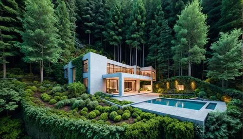 residencia en un bosque
rodeada de arboles
materialidad en piedra + vidrio + madera

jardinería vertical
plantas flores + bosque
,a home with lush vegetation in front of the water,house in the forest,