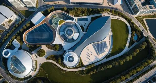 top view of a modern convention centre in fluid architecture ,autostadt wolfsburg,brasilia,olympiapark,aerial landscape,futuristic art museum,ostankino,bird's eye view,bird's-eye view,futuristic archi