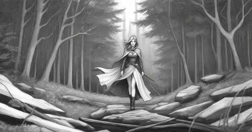 sketch, woman, forestry background, black and white,a woman in a white dress walking in the woods,thranduil,bankai,finrod,sephiroth,mirkwood,claymore,Illustration,Realistic Fantasy,Realistic Fantasy 4