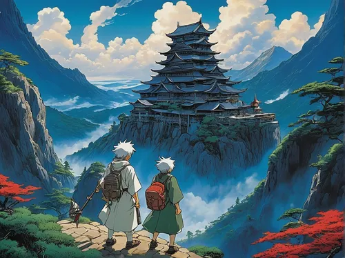 studio ghibli,travel poster,travelers,pilgrimage,pilgrims,cloud mountain,mountain world,ori-pei,mountain scene,meteora,monks,japan landscape,fuji,guards of the canyon,citadel,shirakami-sanchi,japanese mountains,background with stones,idyll,bird kingdom,Illustration,Japanese style,Japanese Style 14