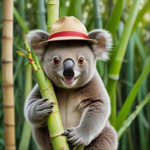 koala wearing a hat on top of bamboo pole,cute koala,koala,koala bear,cute bear,australia zoo,cute animal