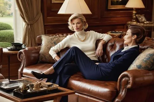 Luxurious living room, Ralph Lauren style, mature lady, 40s, elegant hairstyle, natural makeup, wearing a white cashmere sweater, dark blue fitted trousers, sitting on a brown leather Chesterfield sof