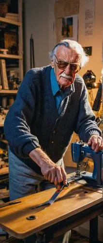 Stan Lee, old man, white hair, mustache, glasses, casual clothing, comfortable sweater, loose pants, sneakers, standing, workshop, tables with sewing machines, threads, fabrics, Spider-Man suits on ma