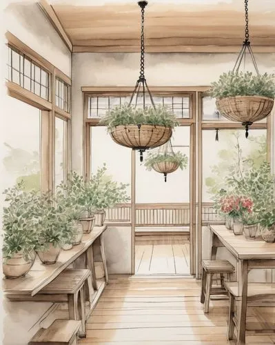 sunroom,watercolor tea shop,teahouse,breakfast room,watercolor cafe,dining room,wooden windows,kitchen design,wooden beams,renderings,kitchen,dining table,kitchen interior,watercolor background,kitchen table,giaimo,japanese-style room,bloomgarden,rustic aesthetic,houseplants,Illustration,Paper based,Paper Based 30