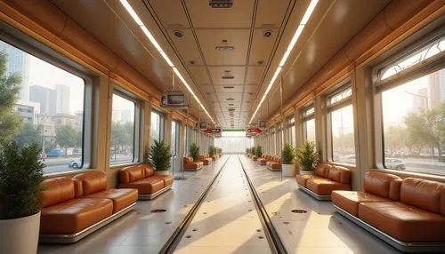 Tram station interior, modern architecture, coffee-inspired color scheme, warm beige walls, rich brown wooden accents, creamy white ceilings, elegant metal frames, subtle coffee-cup patterns on floor 