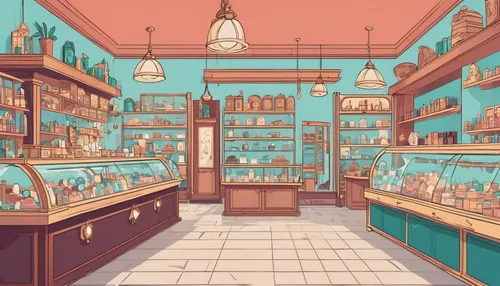 apothecary,soap shop,pharmacy,pastry shop,convenience store,watercolor tea shop,brandy shop,bakery,kitchen shop,watercolor shops,cosmetics counter,ice cream shop,chemist,candy store,candy shop,soda shop,cake shop,pantry,shopkeeper,ice cream parlor,Illustration,Japanese style,Japanese Style 06