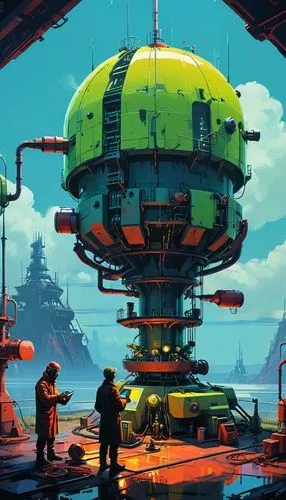 Horizon style, retro-futuristic, by Simon Stalenhag, {scientist assembles a compact nuclear reactor in the laboratory. perfect hands, perfect anatomy} . vintage sci-fi, 50s and 60s style, atomic age, 