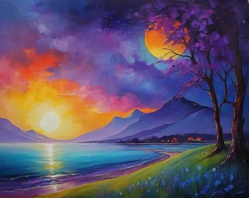 Craft a serene landscape painting with vibrant colors,purple landscape,beach landscape,landscape background,coastal landscape,sea landscape,colorful background,colorful light,oil painting on canvas,du