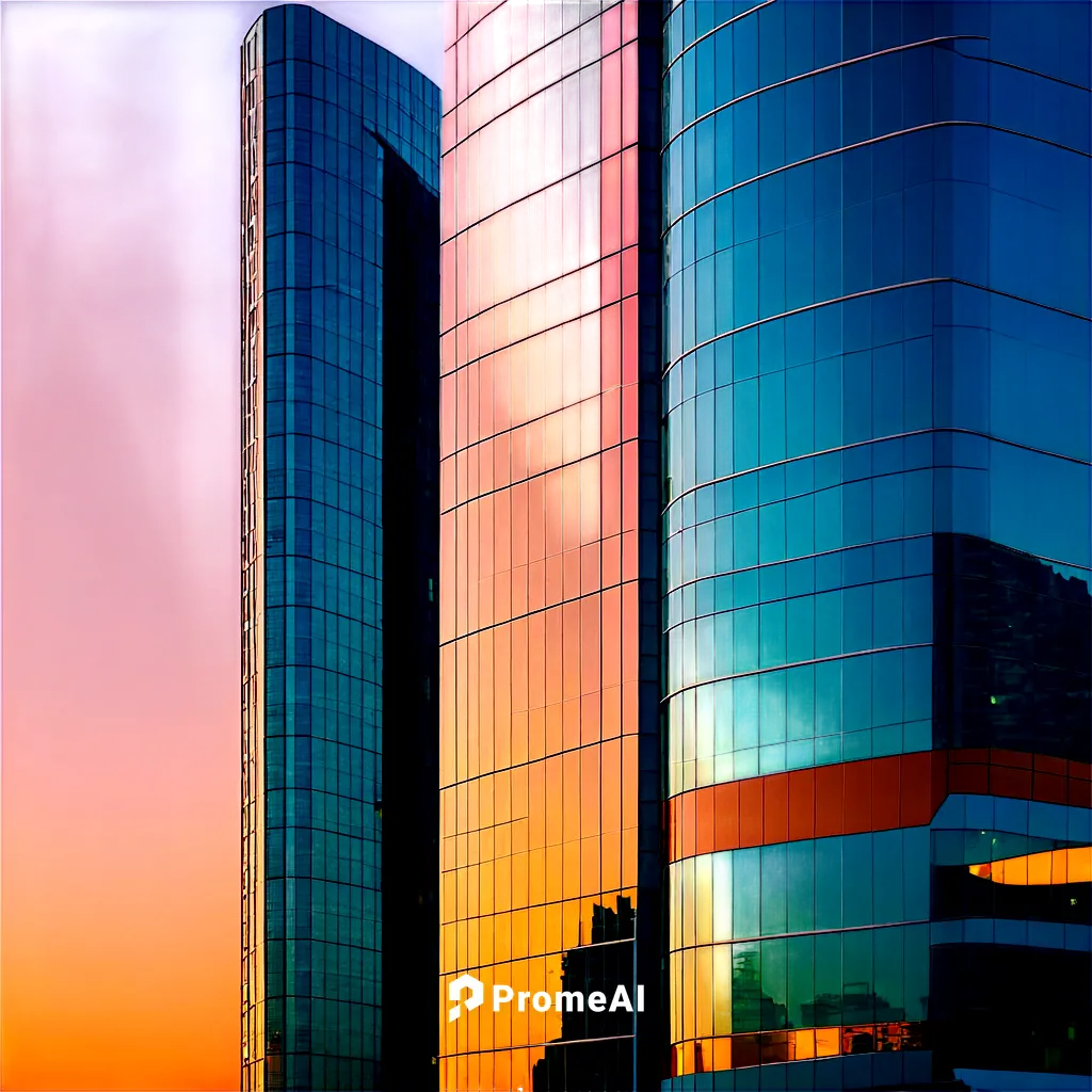 Cityscape, skyscraper, modern architecture, sunset, vibrant colors, warm lighting, panoramic view, 3/4 composition, shallow depth of field, high-rise building, glass reflections, urban landscape, real