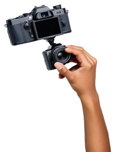 Camera, photo shoot, photography equipment, modern digital camera, black body, silver lens, flash on top, ergonomic grip, photographer's hand holding, finger on shutter button, dynamic pose, studio li