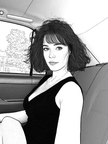 a drawing of a woman in the car,tura satana,car drawing,vassey,exene,woman in the car,girl in car,Design Sketch,Design Sketch,Black and white Comic