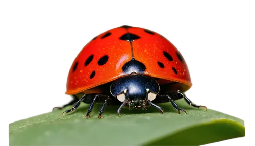 Ladybug, red shell, black spots, cute face, antennae, green leaves, tiny legs, delicate wings, soft light, close-up shot, shallow depth of field, vibrant colors, 3/4 composition, gentle focus.,a close