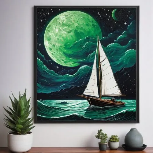 green sail black,sailboat,sailing boat,sailing-boat,sail boat,sailboats,moon and star background,watermelon painting,sailing boats,space art,sea sailing ship,sailing vessel,emerald sea,sailing,sail ship,starry night,hanging moon,art painting,ocean background,boat landscape,Illustration,Realistic Fantasy,Realistic Fantasy 07