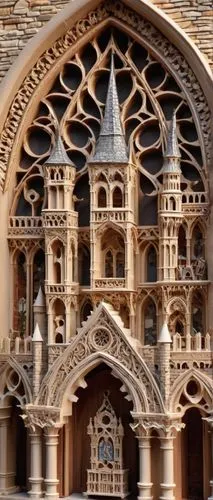 Medieval French architecture, Gothic style, grand cathedral, intricate stone carvings, stained glass windows, rose window, pointed arches, ribbed vaults, flying buttresses, ornate gargoyles, slate roo