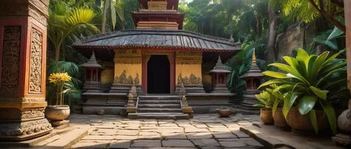 South Asian-inspired temple, intricately carved stone walls, ornate wooden doors, vibrant colorful frescoes, golden stupa, Buddha statue, lush greenery surrounding, tropical plants, palms, frangipani 